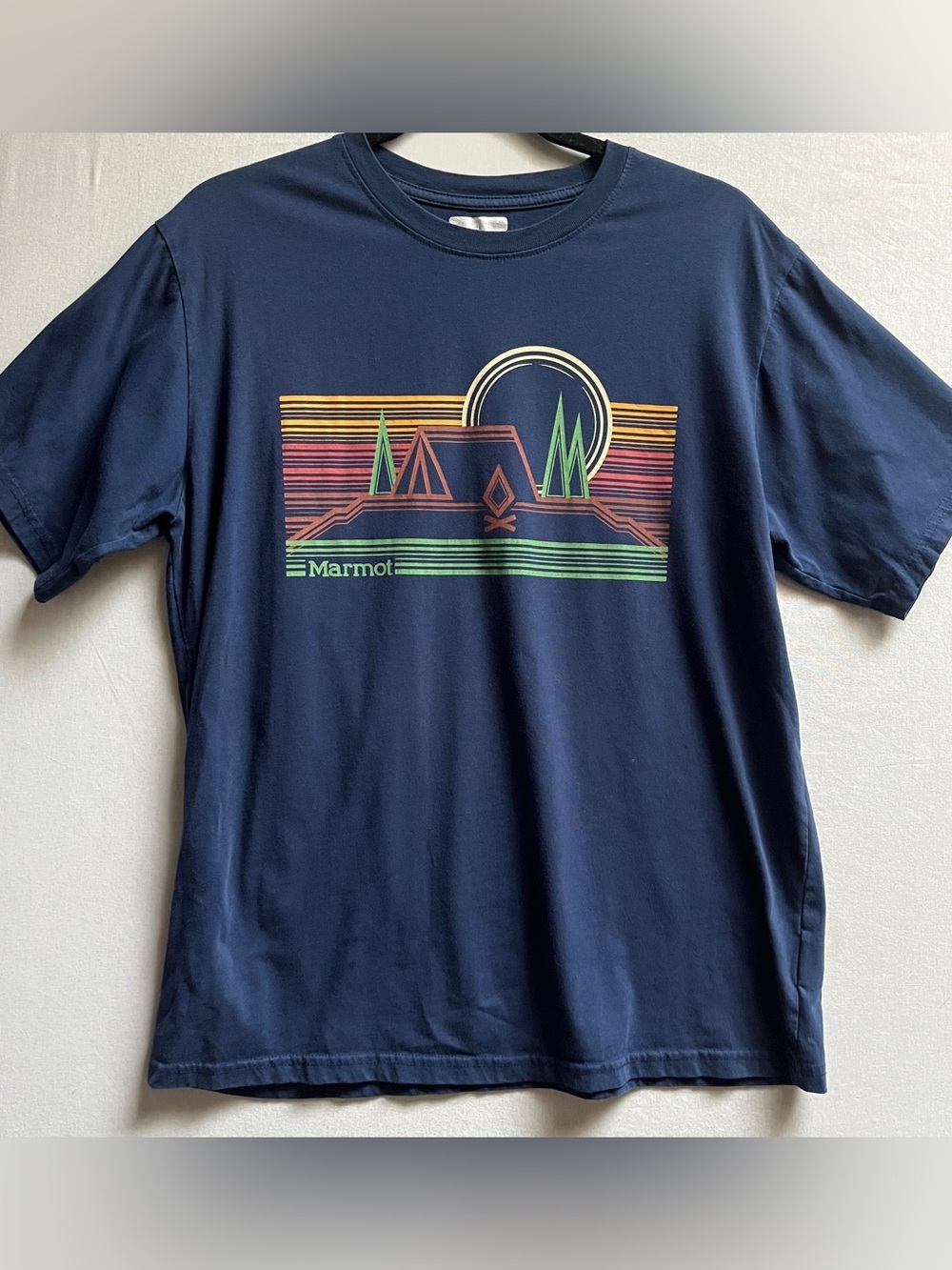 Marmot Mens Navy Blue Graphic Tee Multicolor Sunset Camp Shirt Tag L Fits M